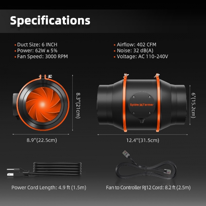 2025 New Spider Farmer 150mm Inline Fan Kits 680mᶟh with Speed Controller
